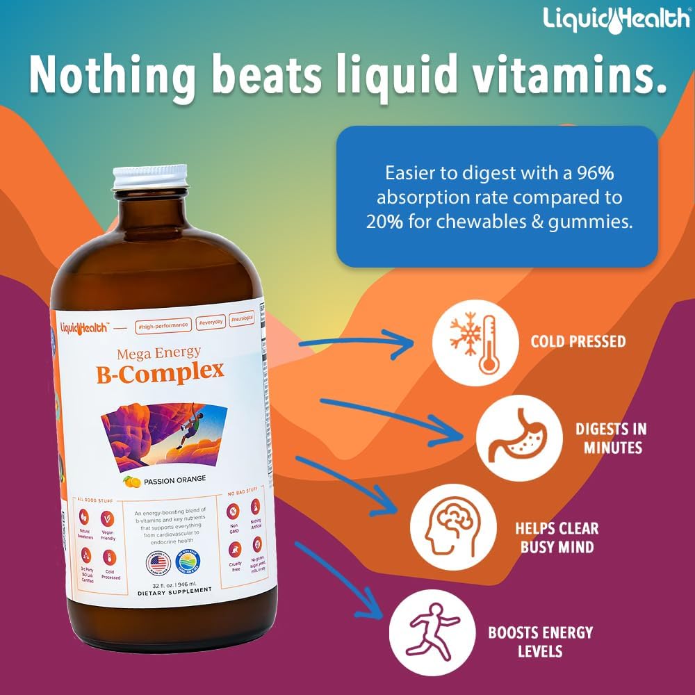 Mega Energy Methylated B-Complex Liquid Vitamin Supplement - Boost Energy, Reduce Stress & Fatigue, Support Immune, Heart & Gut Health - Vegan, Sugar-Free (32 oz)
