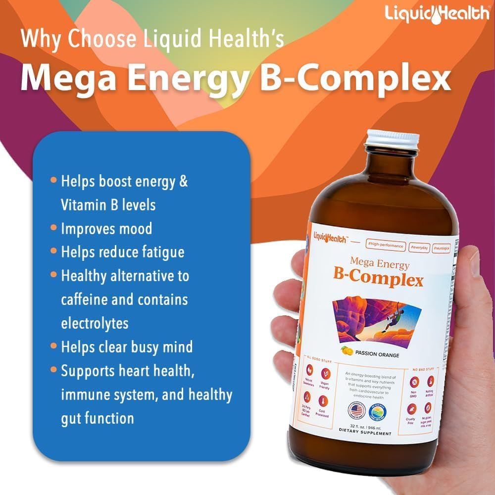 Mega Energy Methylated B-Complex Liquid Vitamin Supplement - Boost Energy, Reduce Stress & Fatigue, Support Immune, Heart & Gut Health - Vegan, Sugar-Free (32 oz)
