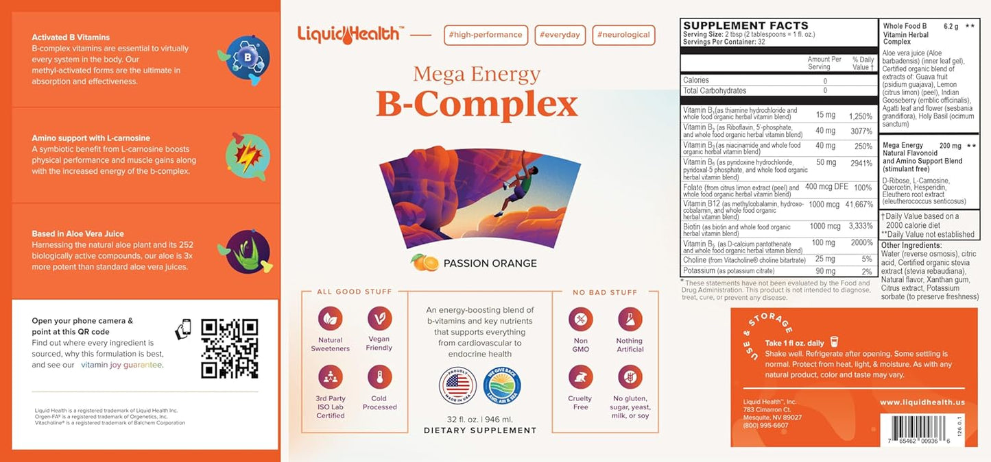 Mega Energy Methylated B-Complex Liquid Vitamin Supplement - Boost Energy, Reduce Stress & Fatigue, Support Immune, Heart & Gut Health - Vegan, Sugar-Free (32 oz)