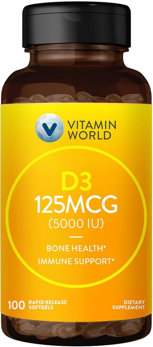 Mega-Potency Vitamin D3 5000 IU Softgels for Bone Health and Immune Support, Rapid-Release Formula, Gluten Free