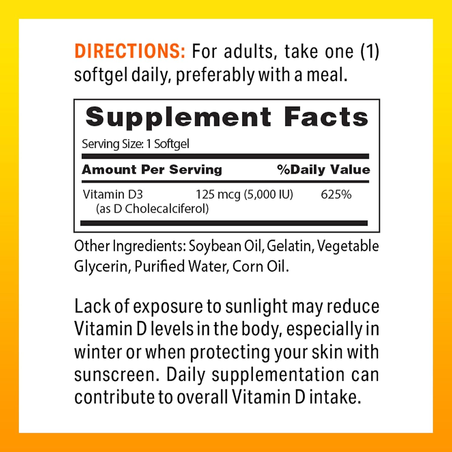 Mega-Potency Vitamin D3 5000 IU Softgels for Bone Health and Immune Support, Rapid-Release Formula, Gluten Free