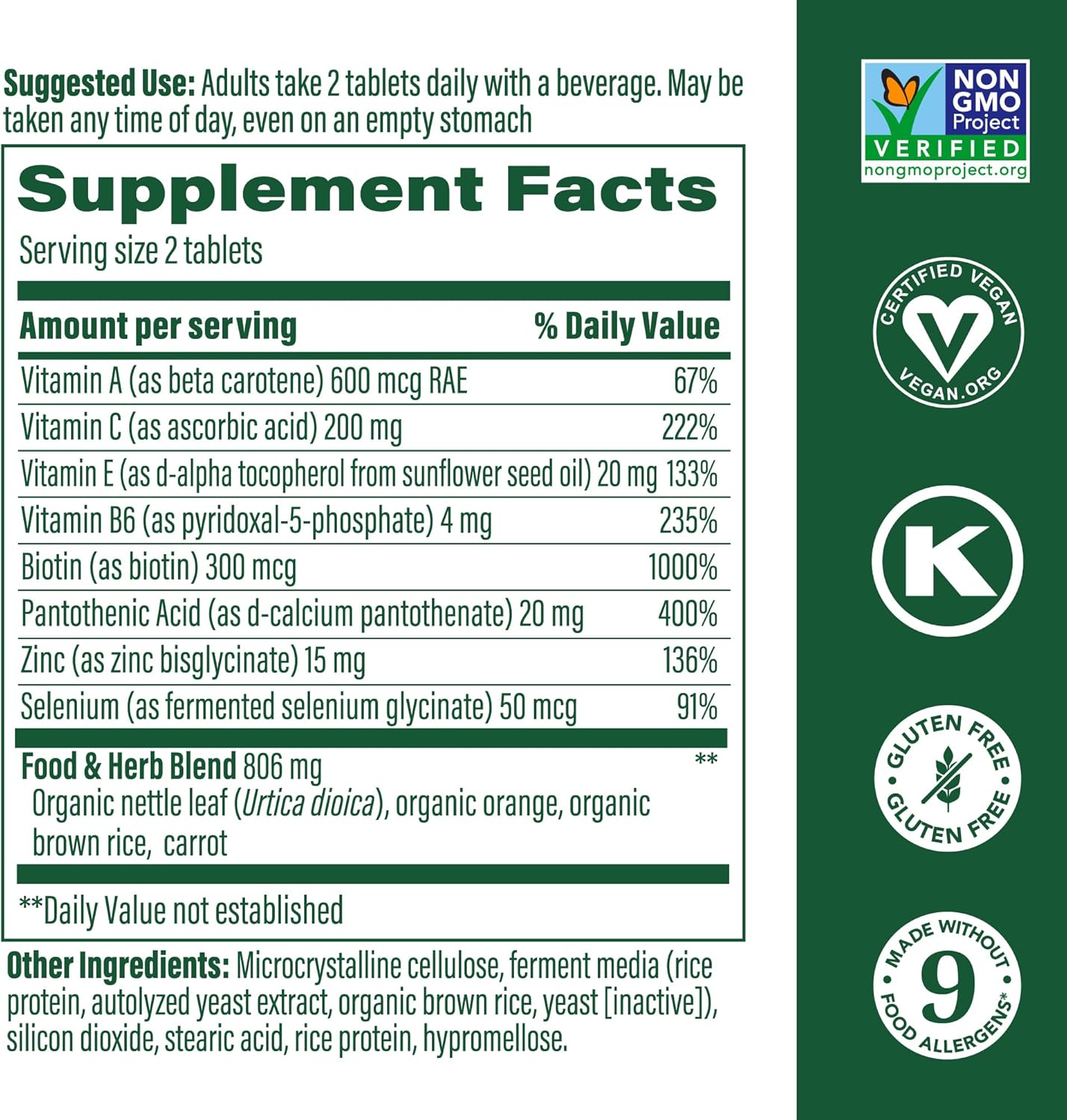 MegaFood Skin, Nails & Hair 2 - Vegan Multivitamin with Biotin, Vitamin A, C, E, Zinc, B6, and Pantothenic Acid - 60 Tablets (30 Servings)