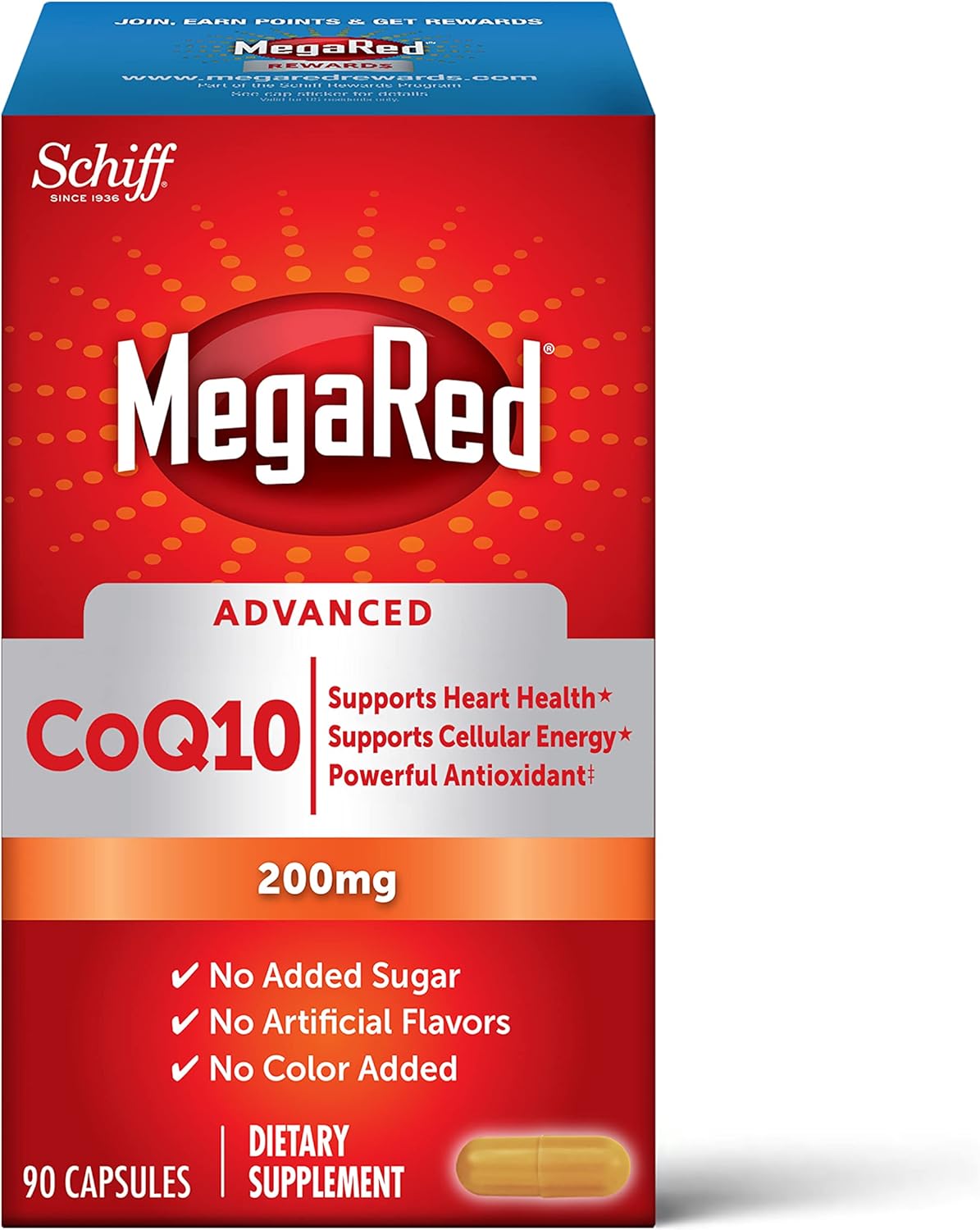 MegaRed CoQ10 200mg Capsules - 90 Count Box, Heart Health Support, Cellular Energy, Antioxidant, Sugar-Free
