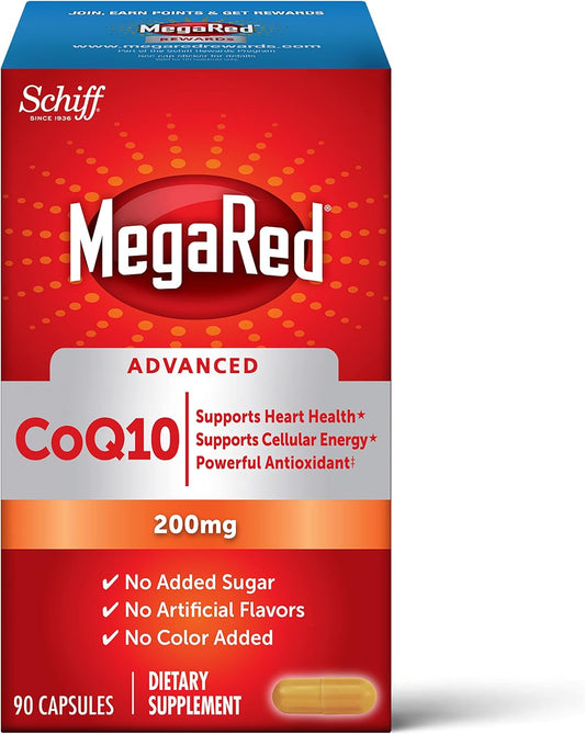 MegaRed CoQ10 200mg Capsules - 90 Count Box, Heart Health Support, Cellular Energy, Antioxidant, Sugar-Free