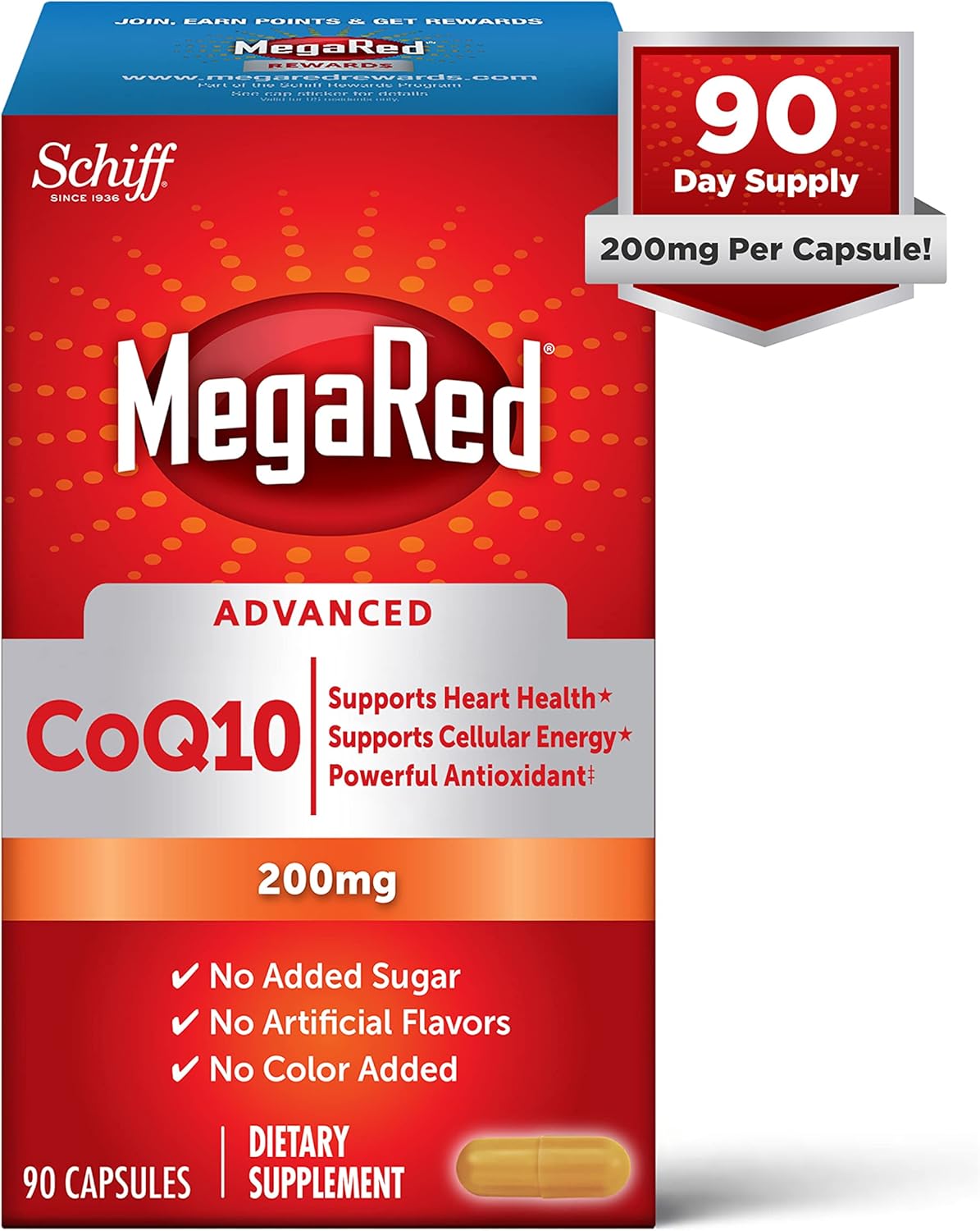 MegaRed CoQ10 200mg Capsules - 90 Count Box, Heart Health Support, Cellular Energy, Antioxidant, Sugar-Free