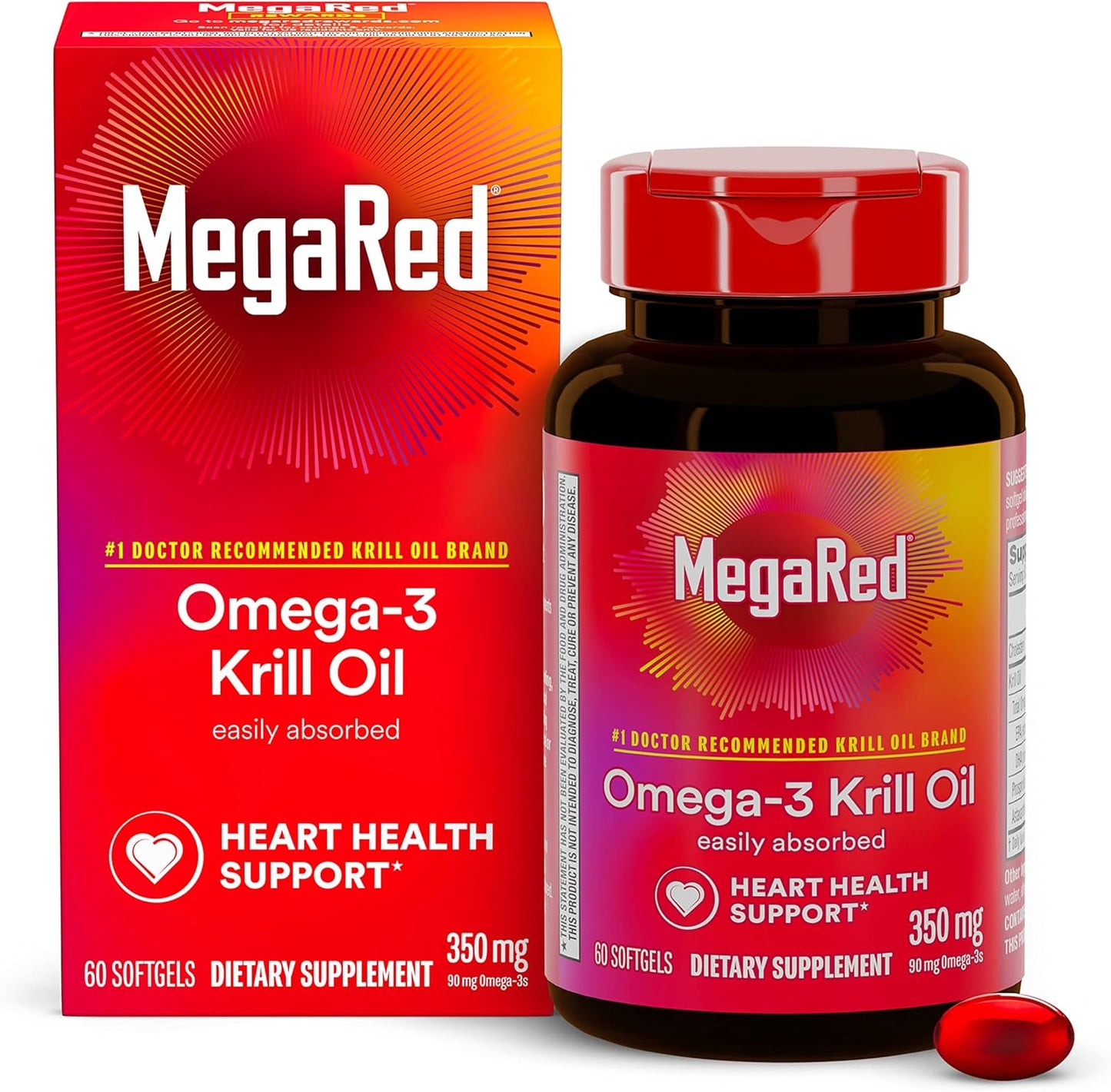 MegaRed Krill Oil Softgels 350mg, 60 Count - High EPA & DHA Omega-3 Fatty Acids, Astaxanthin Antioxidant, No Fishy Aftertaste