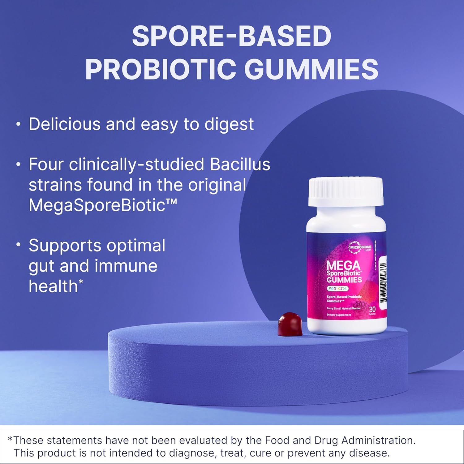 MegaSporeBiotic Kids Probiotic Gummies - Bacillus Blend - Berry Flavored - 30 Gummies - Supports Gut Health & Immunity