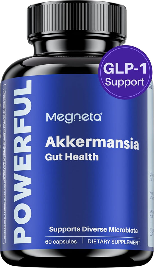 MEGNETA Akkermansia Probiotic with Inulin Prebiotic Fiber - Gut Health Supplements for Men & Women, 300M AFU, Boosts GLP-1 - 60 Capsules