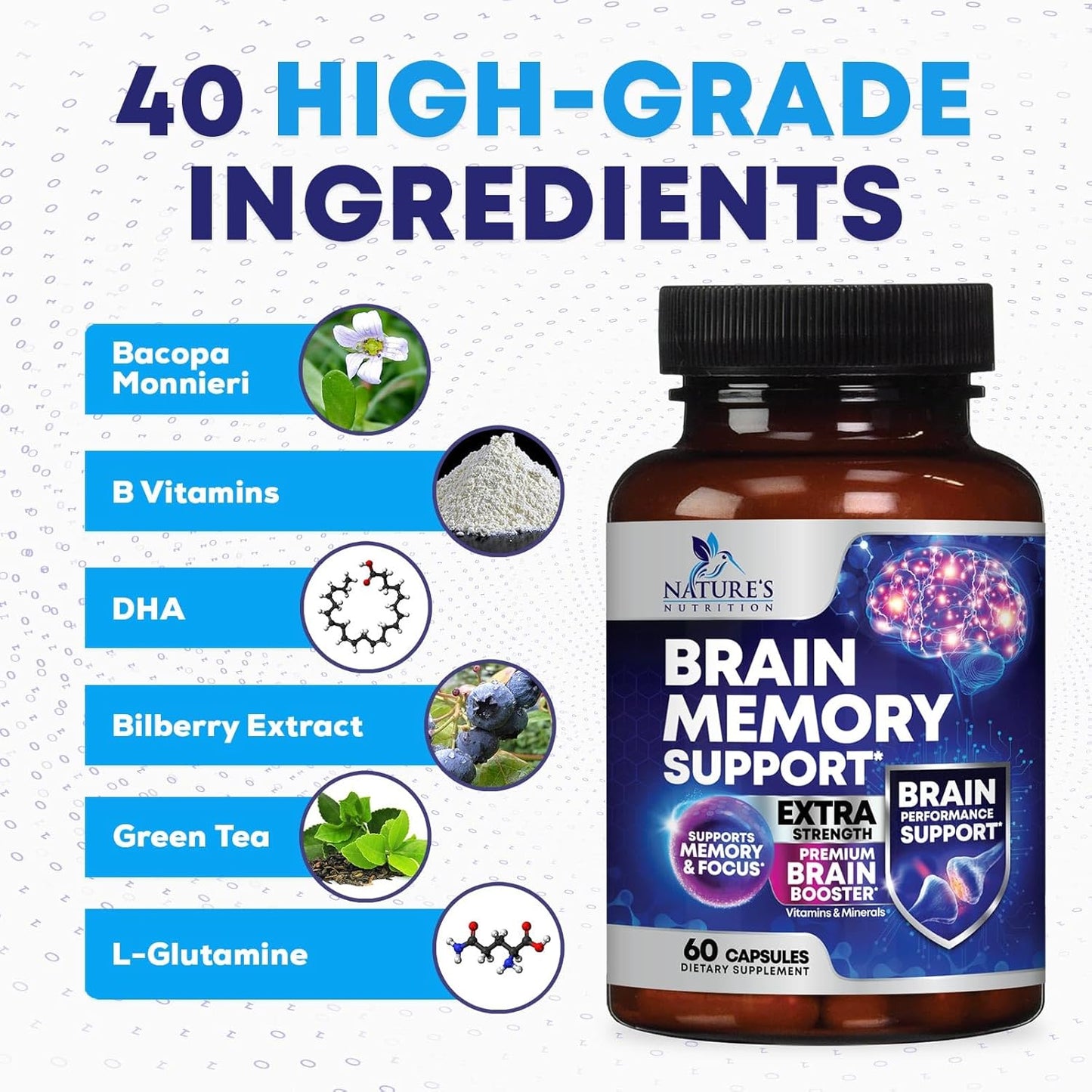 Memory and Focus Brain Supplement - 60 Capsules with 40 Nootropics, Vitamins, and Phosphatidylserine for Mental Alertness, Clarity, and Concentration
