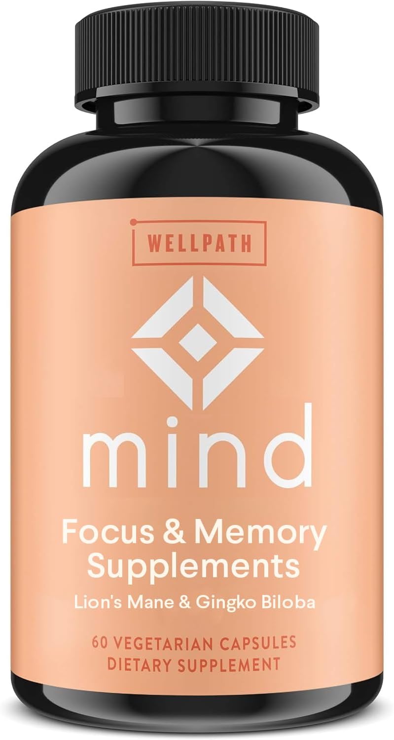 Memory and Focus Brain Supplement with Lion's Mane, Ginkgo Biloba, L-Theanine - Vegan, Non-GMO - 60 Ct