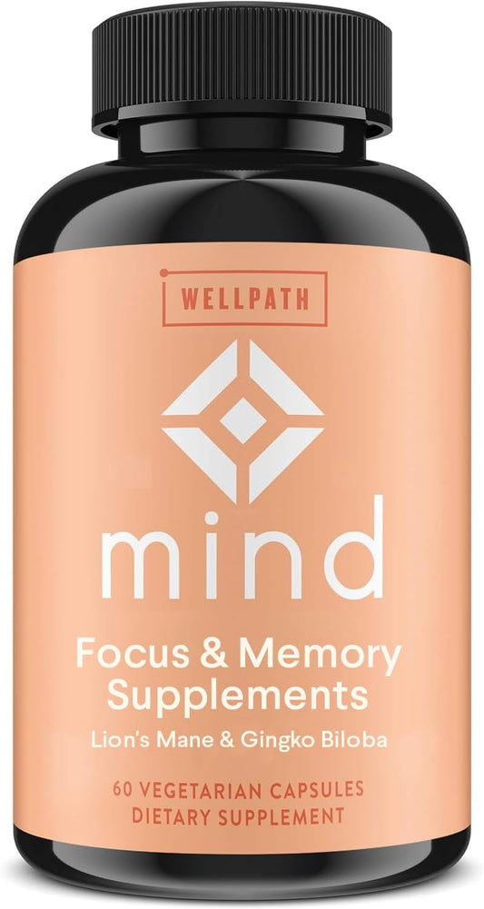 Memory and Focus Brain Supplement with Lion's Mane, Ginkgo Biloba, L-Theanine - Vegan, Non-GMO - 60 Ct