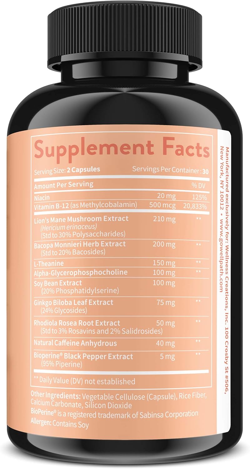 Memory and Focus Brain Supplement with Lion's Mane, Ginkgo Biloba, L-Theanine - Vegan, Non-GMO - 60 Ct