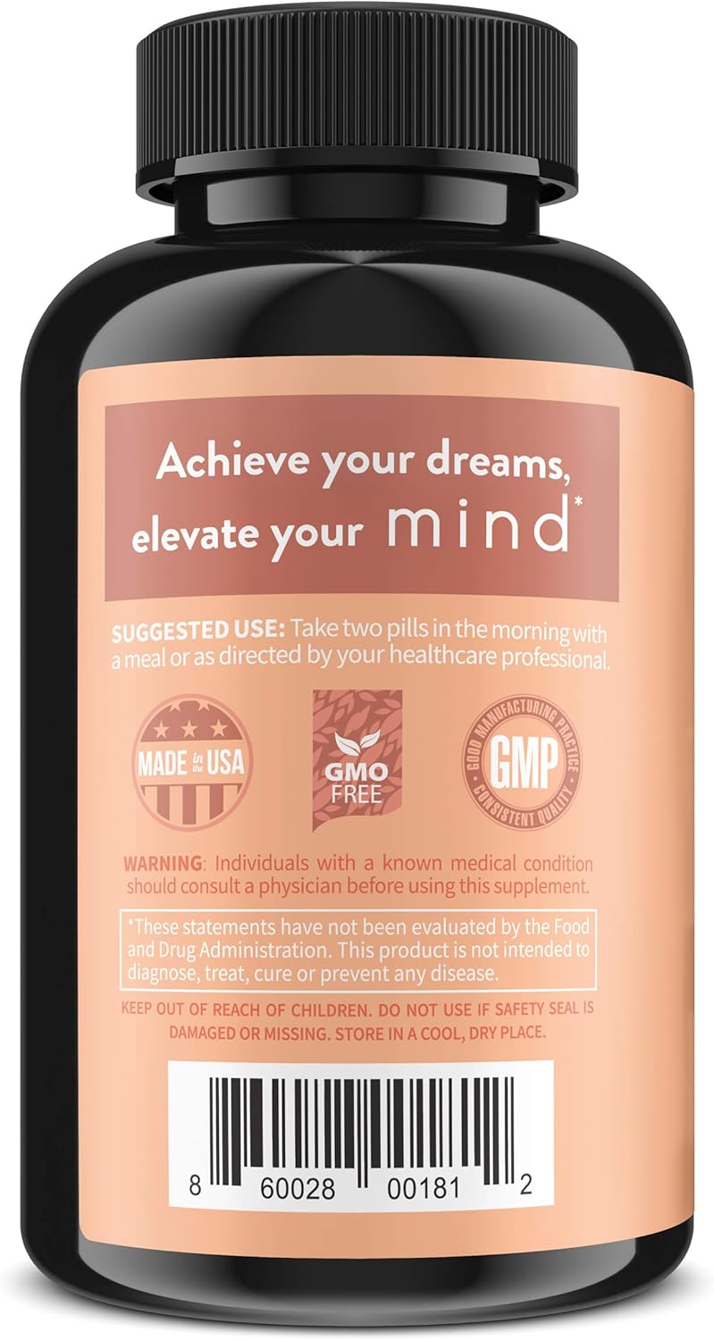 Memory and Focus Brain Supplement with Lion's Mane, Ginkgo Biloba, L-Theanine - Vegan, Non-GMO - 60 Ct