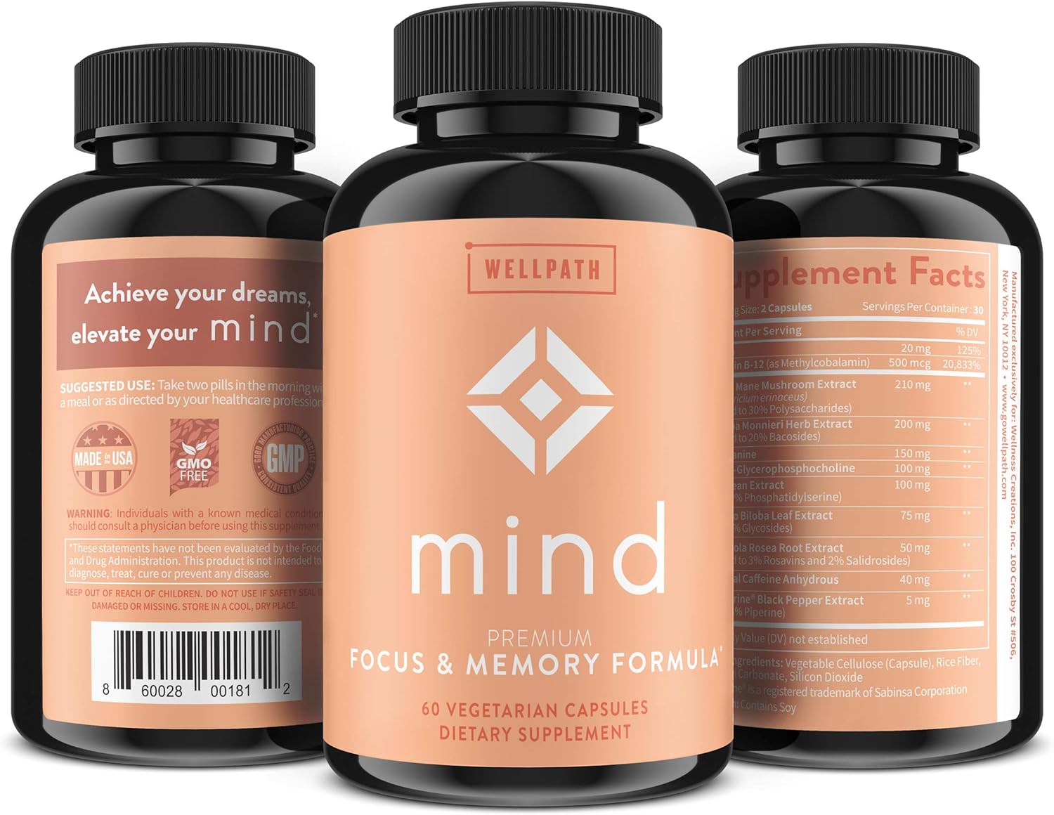 Memory and Focus Brain Supplement with Lion's Mane, Ginkgo Biloba, L-Theanine - Vegan, Non-GMO - 60 Ct