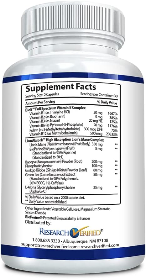 Memory Booster Nootropic Supplement - Enhance Cognition and Memory - Lion’s Mane, Ginkgo Biloba, BioPerine - Non-GMO - 60 Capsules - USA Made