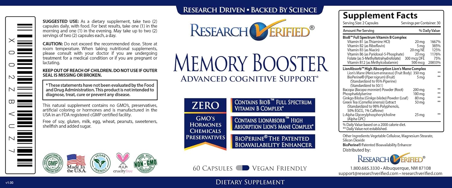 Memory Booster Nootropic Supplement - Enhance Cognition and Memory - Lion’s Mane, Ginkgo Biloba, BioPerine - Non-GMO - 60 Capsules - USA Made