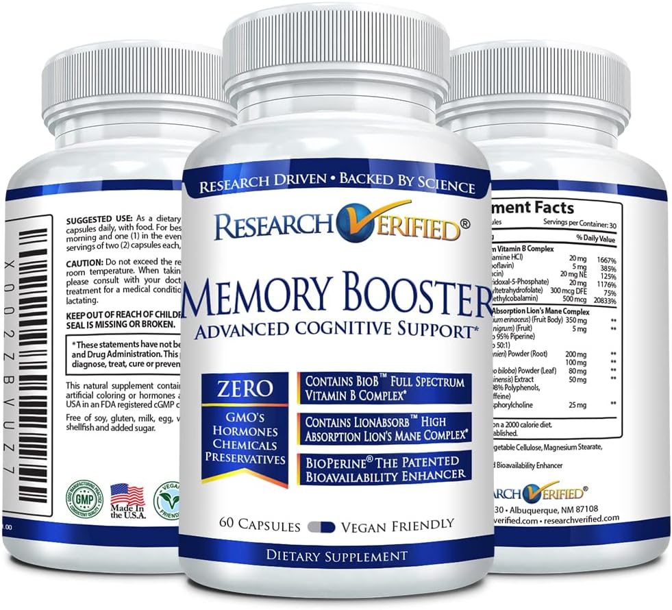 Memory-Boosting Nootropic Supplement with Lion’s Mane, Ginkgo Biloba, and BioPerine - Enhance Cognition and Memory - 3 Month Supply - Non-GMO - Made in The USA