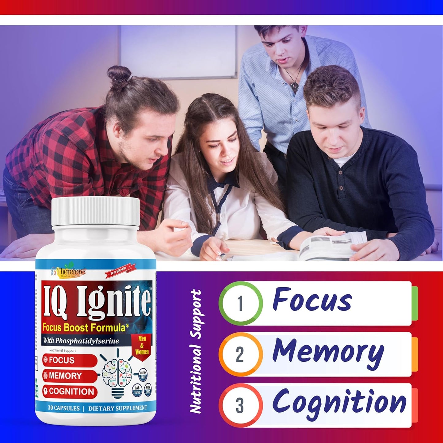 Memory, Focus, and Energy Support Supplement for Adults - Iq-Ignite Nootropics Brain Formula with 30 Capsules