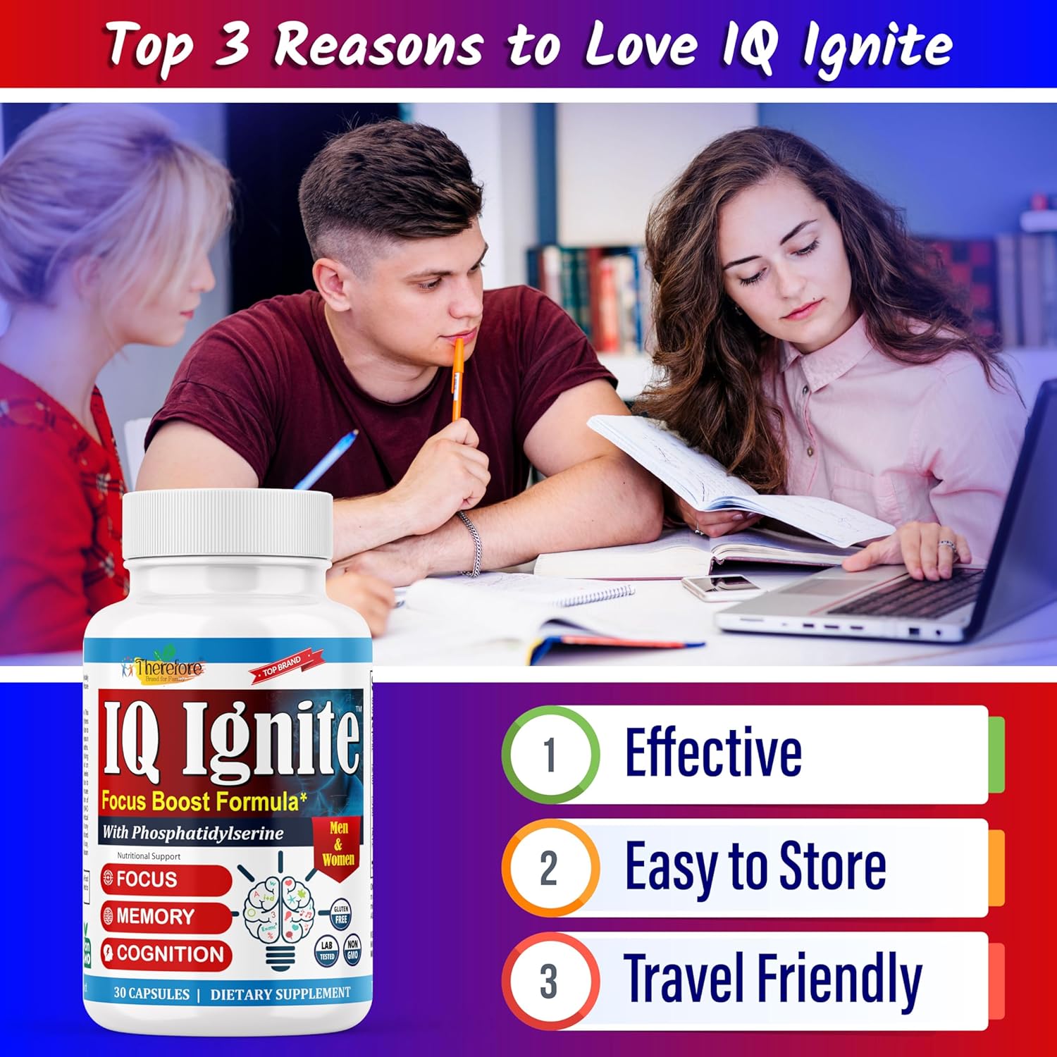 Memory, Focus, and Energy Support Supplement for Adults - Iq-Ignite Nootropics Brain Formula with 30 Capsules