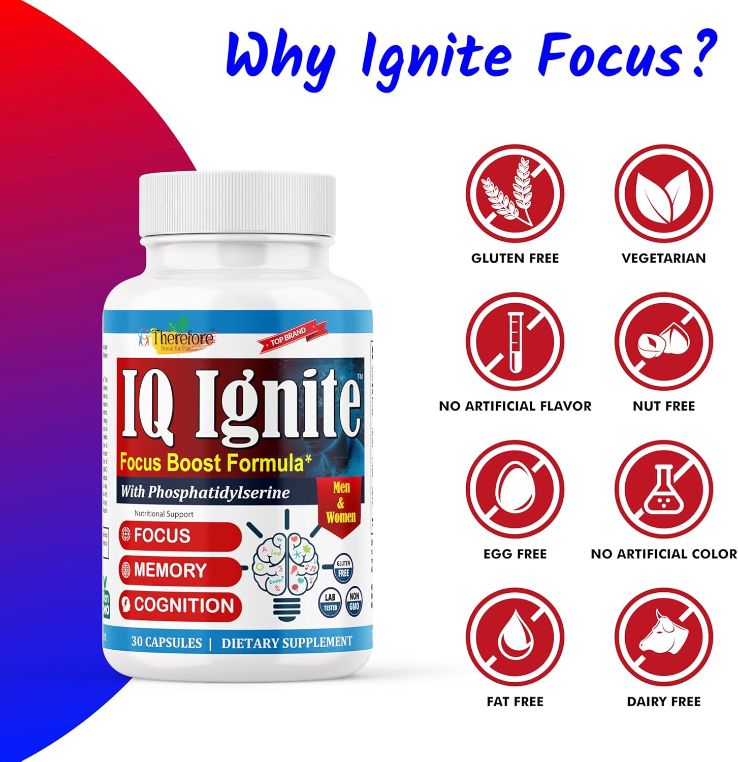 Memory, Focus, and Energy Support Supplement for Adults - Iq-Ignite Nootropics Brain Formula with 30 Capsules