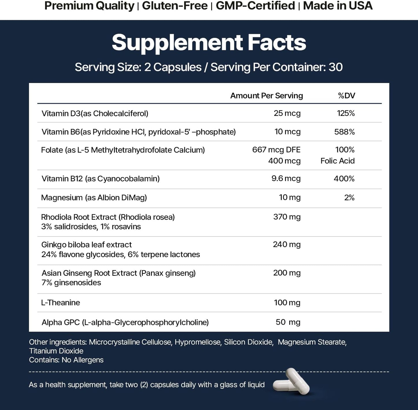 Memory & Focus Nootropic Supplement with Phosphatidylserine, Alpha GPC, L-Theanine & Ginkgo Biloba - 60 Capsules