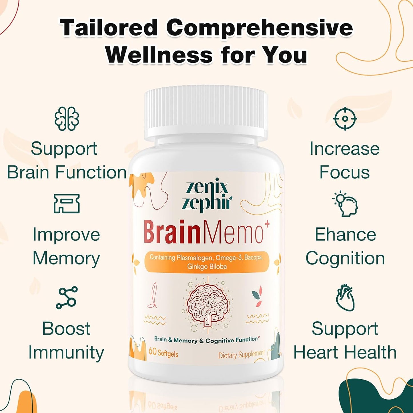 Memory Focus Supplement with Omega-3, Bacopa, and Plasmalogens for Cognitive Function - Concentration and Memory Support - Non-GMO Softgels