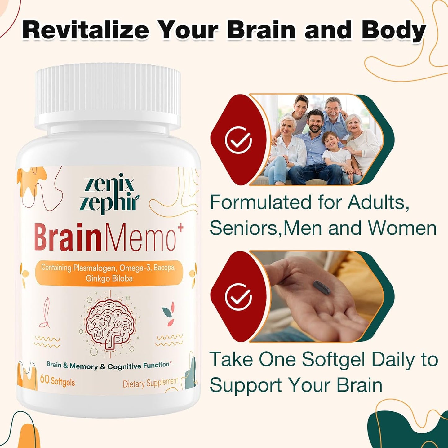 Memory Focus Supplement with Omega-3, Bacopa, and Plasmalogens for Cognitive Function - Concentration and Memory Support - Non-GMO Softgels