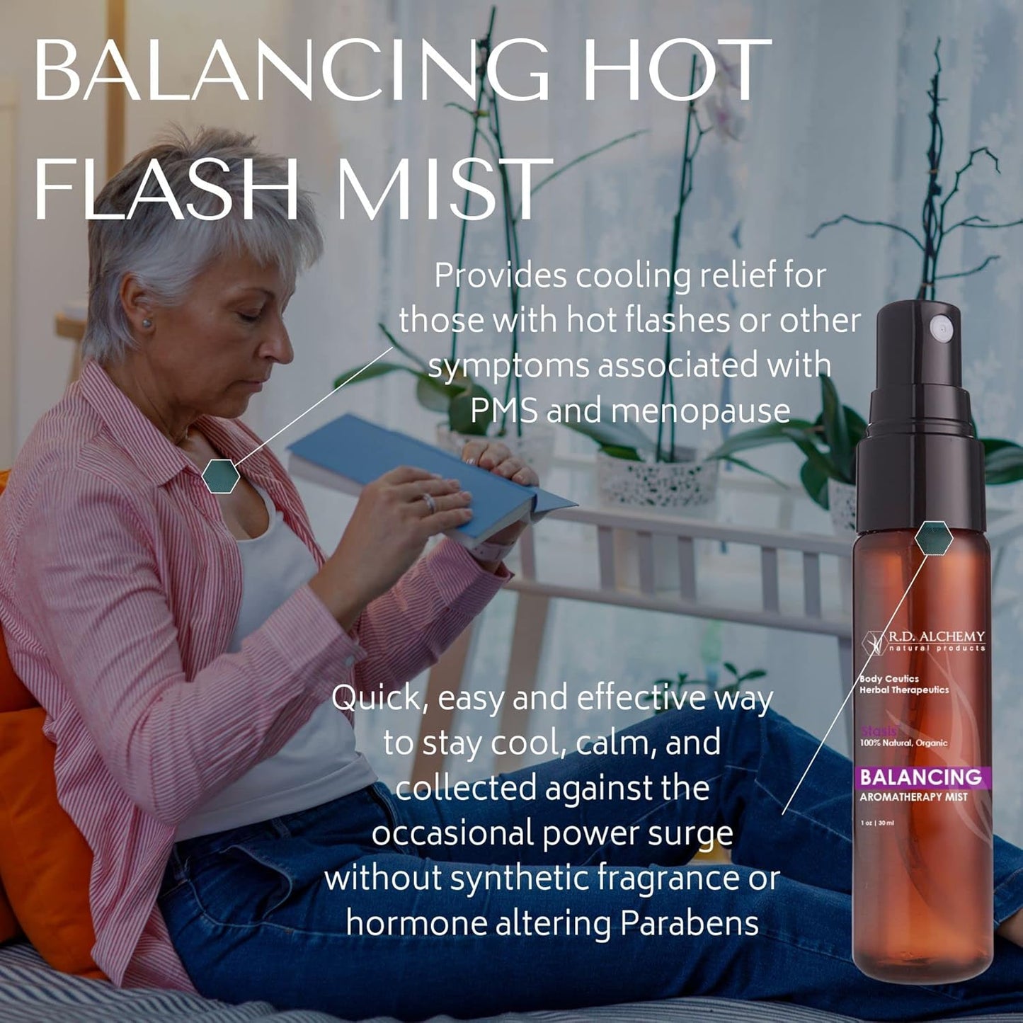 Menopause Hot Flash Relief Mist with Black Cohosh, Vitex, Marjoram, and Ylang Ylang Oils for Soothing Comfort