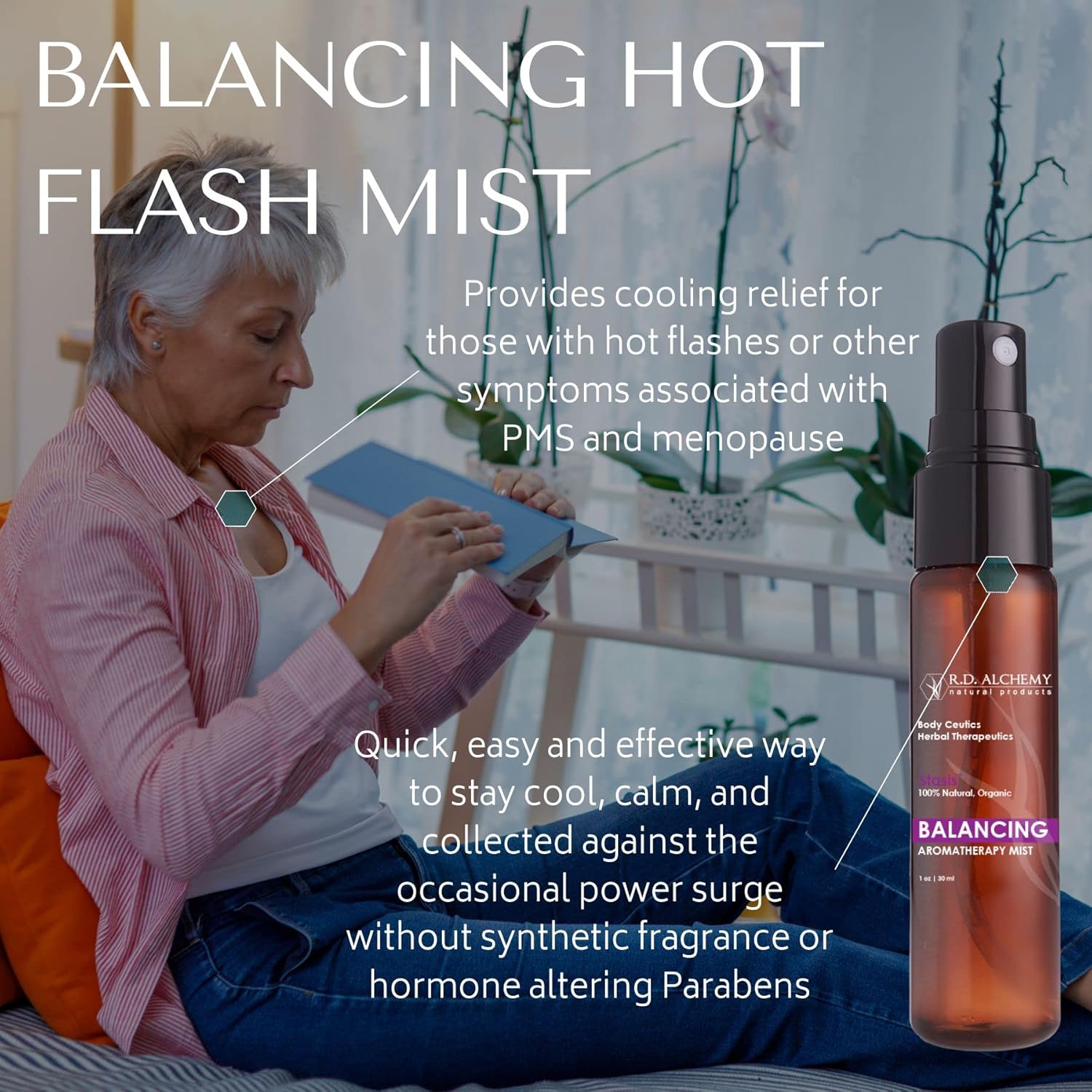 Menopause Hot Flash Relief Mist with Black Cohosh, Vitex, Marjoram, and Ylang Ylang Oils for Soothing Comfort