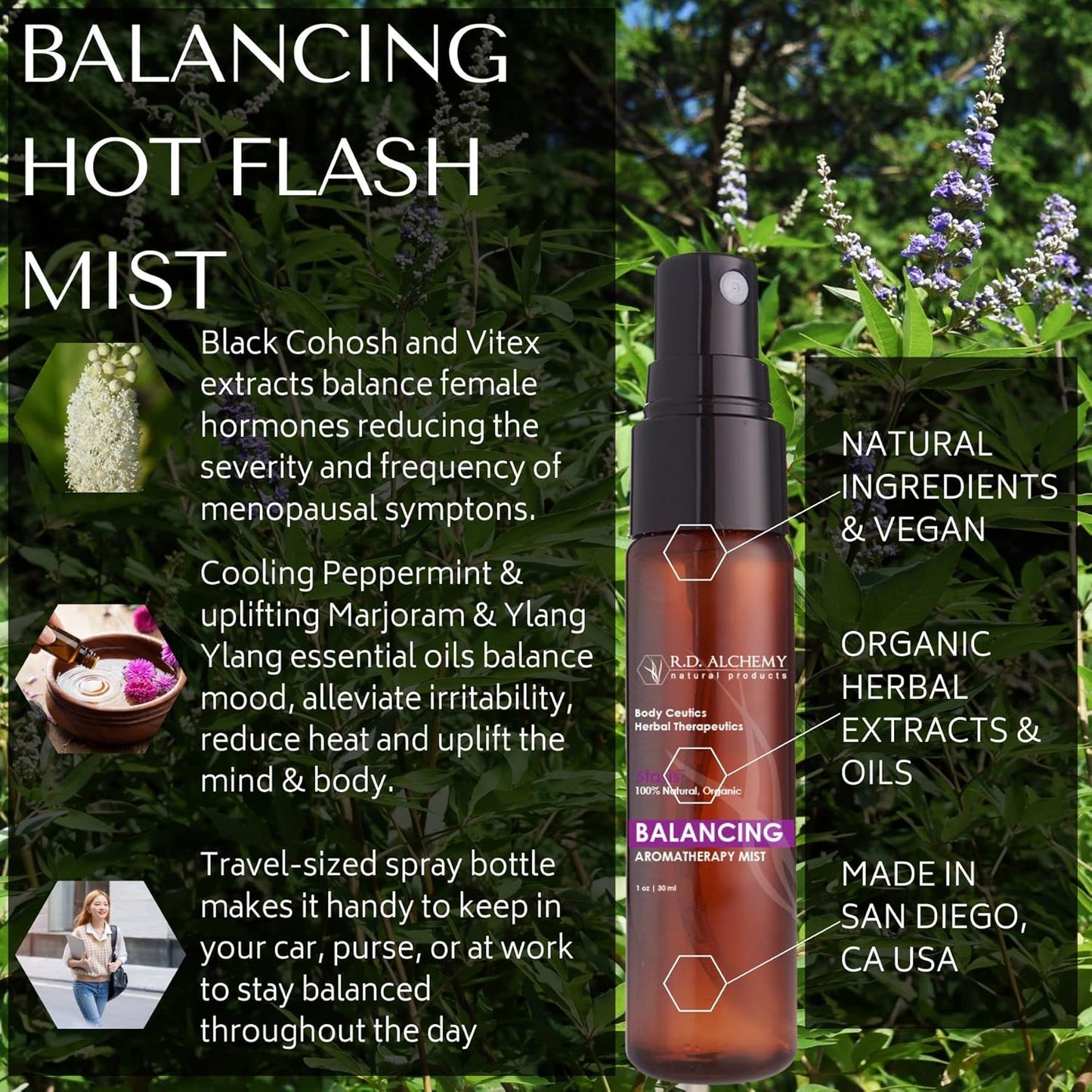Menopause Hot Flash Relief Mist with Black Cohosh, Vitex, Marjoram, and Ylang Ylang Oils for Soothing Comfort