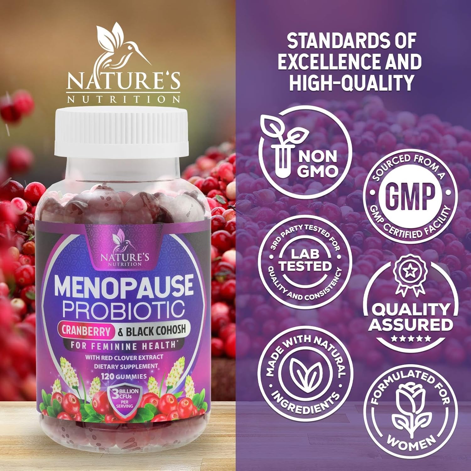 Menopause Probiotic Gummies with Cranberry for Women - Natural Relief for Hot Flashes, Night Sweats, PH Balance, Vaginal & Immune Health - 120 Gummies