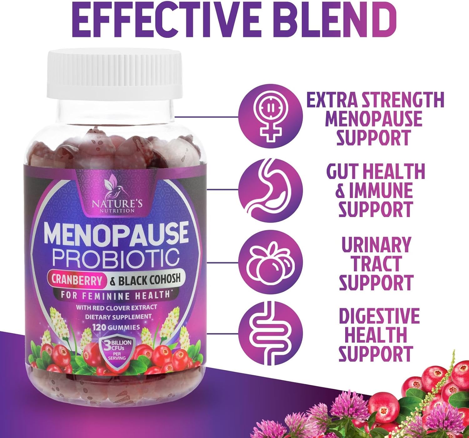 Menopause Probiotic Gummies with Cranberry for Women - Natural Relief for Hot Flashes, Night Sweats, PH Balance, Vaginal & Immune Health - 120 Gummies