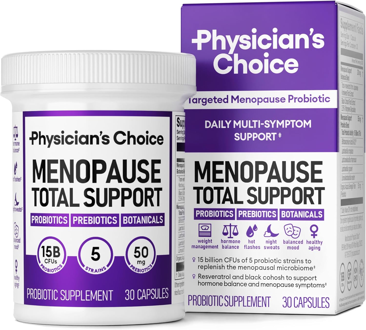 Menopause Probiotic Supplement for Women - Hormone Balance, Hot Flashes, Night Sweats, Weight Management - Black Cohosh, Resveratrol+ - 30ct