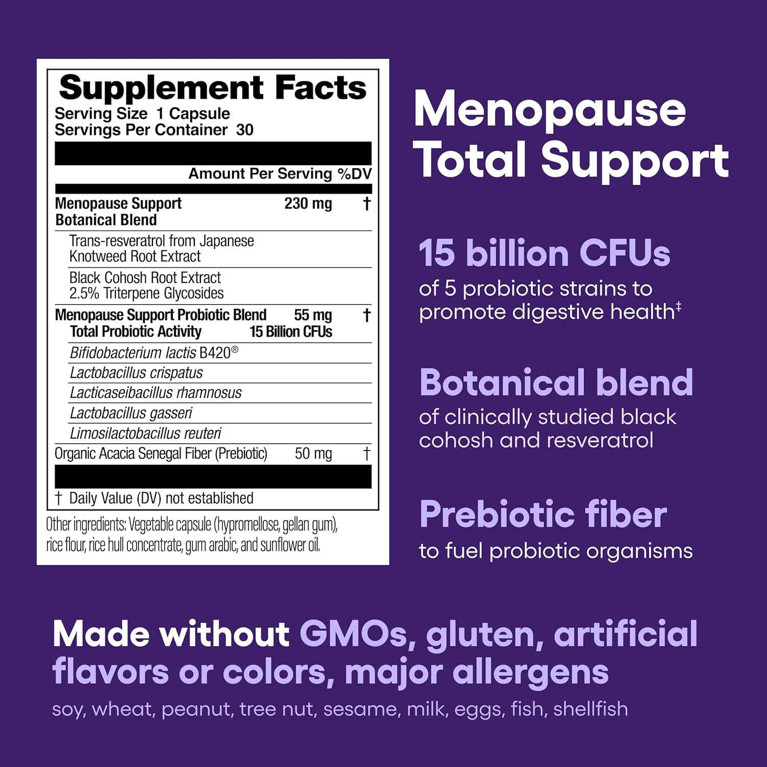 Menopause Probiotic Supplement for Women - Hormone Balance, Hot Flashes, Night Sweats, Weight Management - Black Cohosh, Resveratrol+ - 30ct
