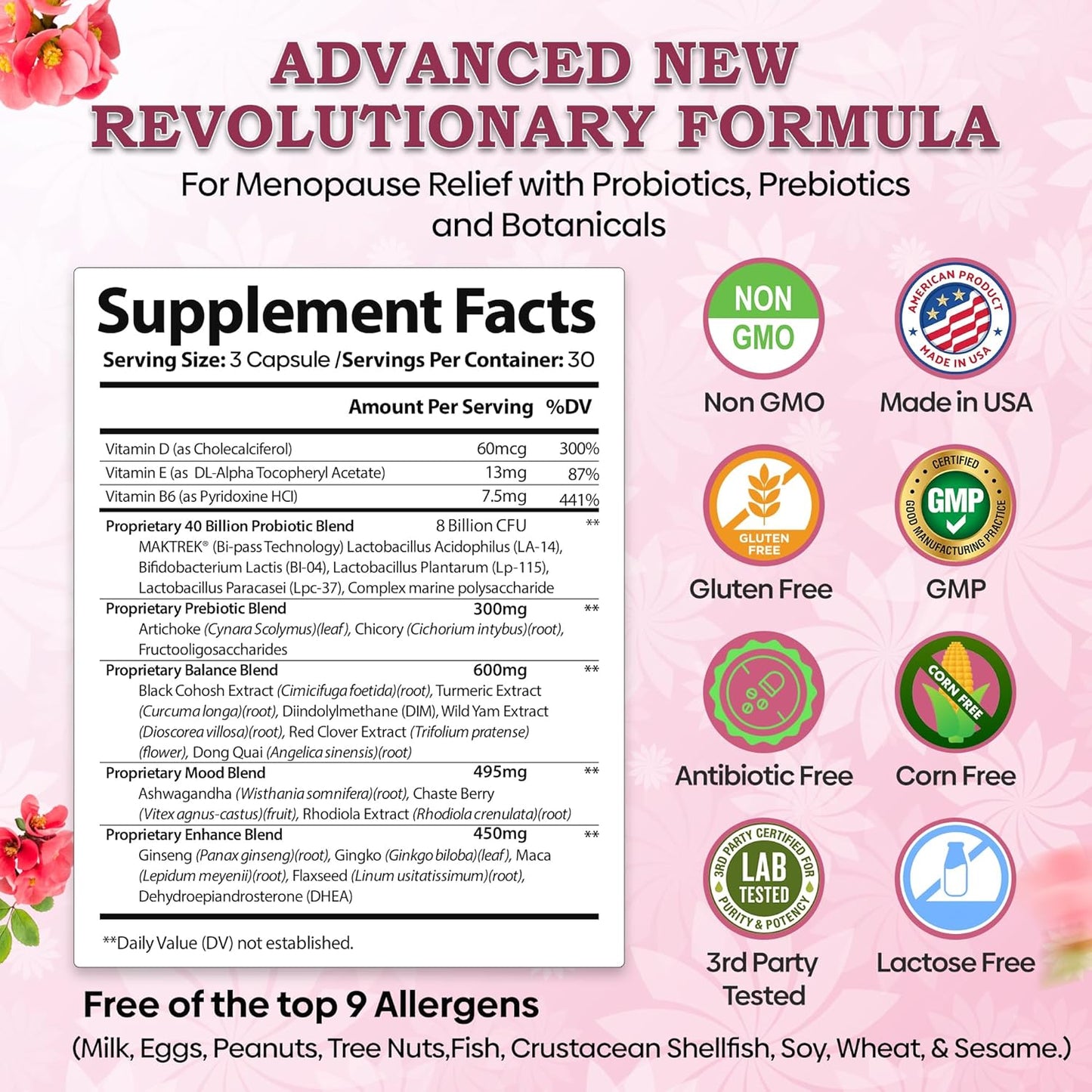 Menopause Probiotic Supplements for Women - 40 Billion CFU with DIM, Black Cohosh, and Dong Quai - Hormone Balance, Hot Flashes Relief - 30 Servings