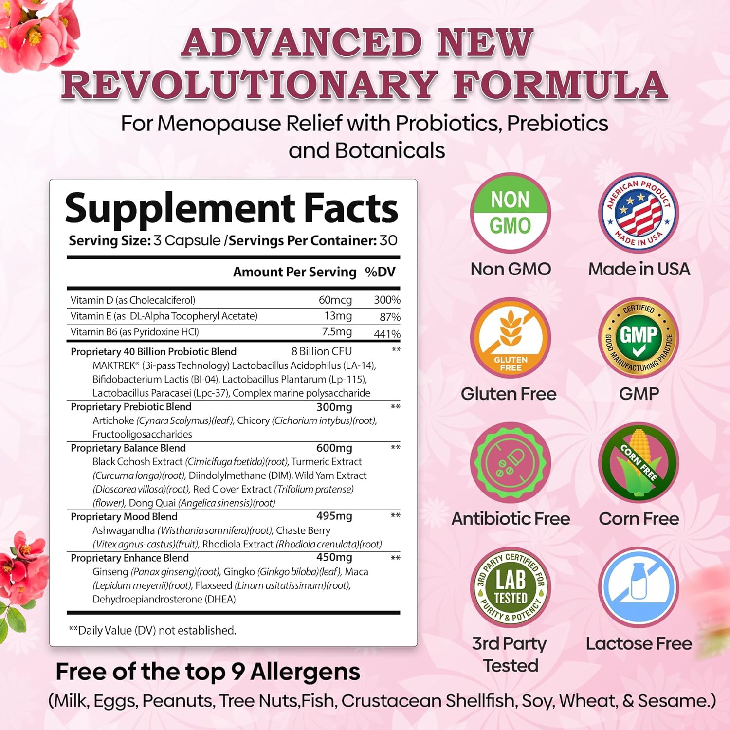 Menopause Probiotic Supplements for Women - 40 Billion CFU with DIM, Black Cohosh, and Dong Quai - Hormone Balance, Hot Flashes Relief - 30 Servings