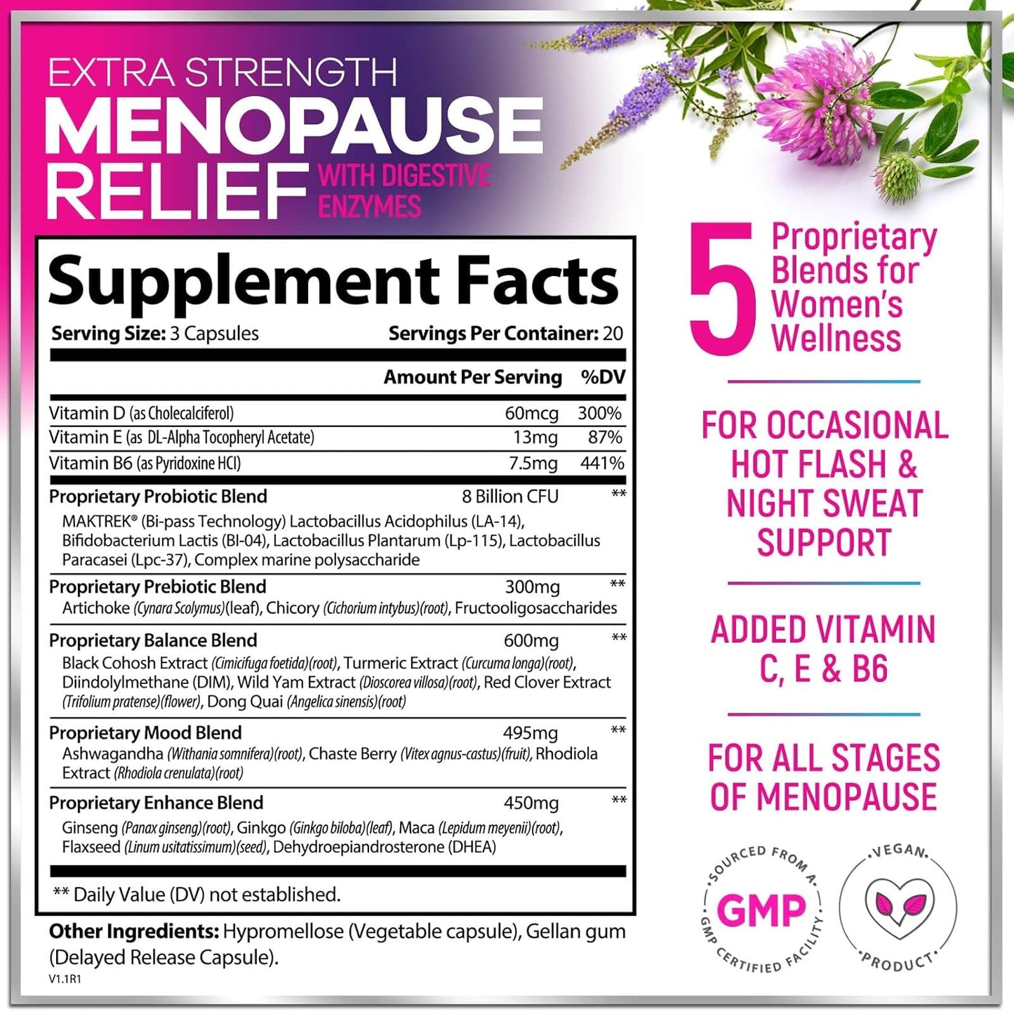Menopause Probiotic Supplements for Women - 8 Billion CFU, Hot Flash & Night Sweats Relief - Vaginal, Digestive & Immune Support - 60 Capsules