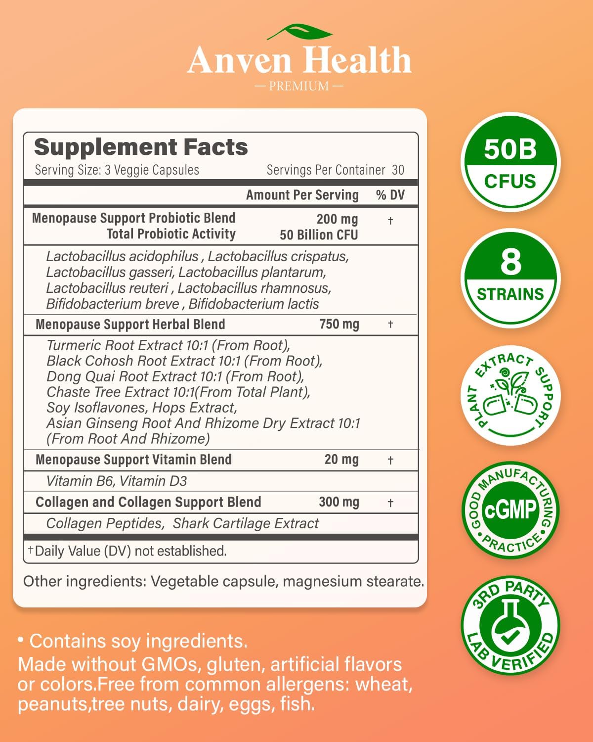 Menopause Probiotic Supplements for Women | Supports Hot Flashes, Night Sweats, Bloating, Gut Health | Herbal Blend with Collagen Peptides, Vitamin B6 & D3 | 180 Veggie Capsules