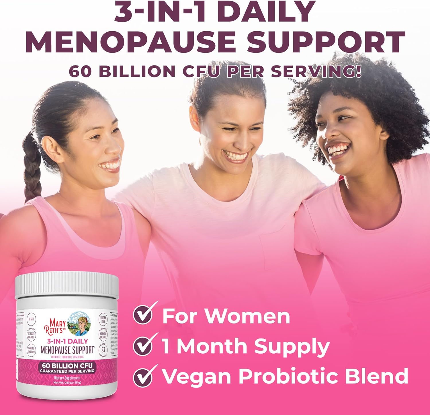 Menopause Probiotics for Women | Hormonal Support & Estrogen Supplement | Clinically Tested | 60 Billion CFU | Allergen Free | 0.5 oz