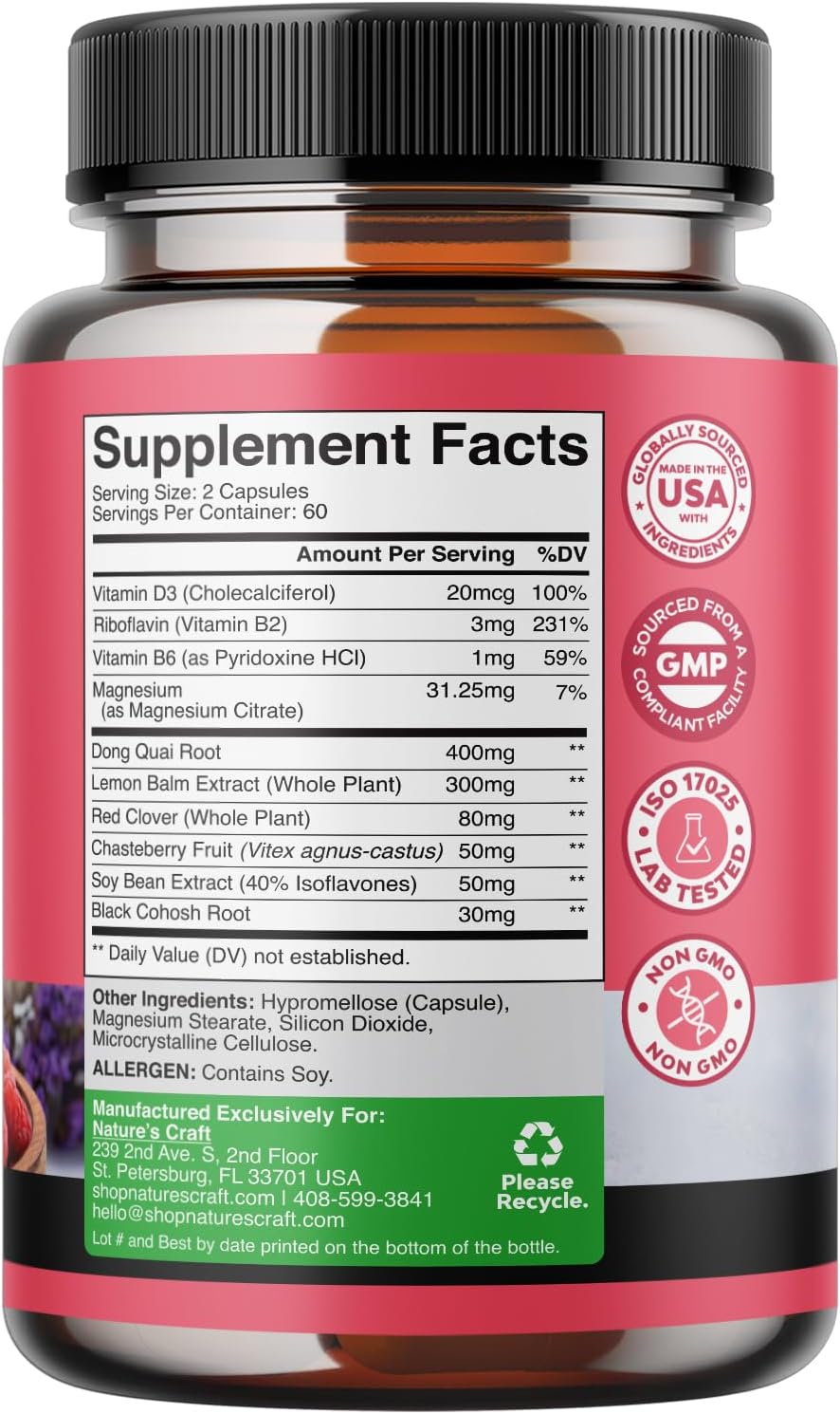 Menopause Relief Capsules for Women - Herbal Supplement for Hormone Balance, Night Sweats, Hot Flashes, Mood Swings - Dong Quai, Chaste Berry, Black Cohosh - 120 Count Pack