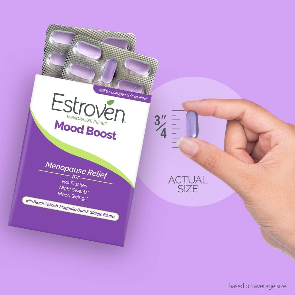 Menopause Relief: Estroven Mood Boost - 30 Ct. - Clinically Proven Ingredients for Mood Swings, Night Sweats, and Hot Flash Relief - Drug-Free & Gluten-Free