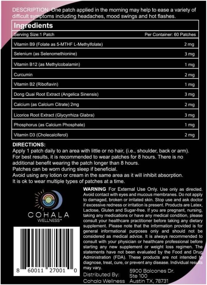 Menopause Relief Patch with Dong Quai Root, Selenium, Curcumin, Folate - 60 Day Supply