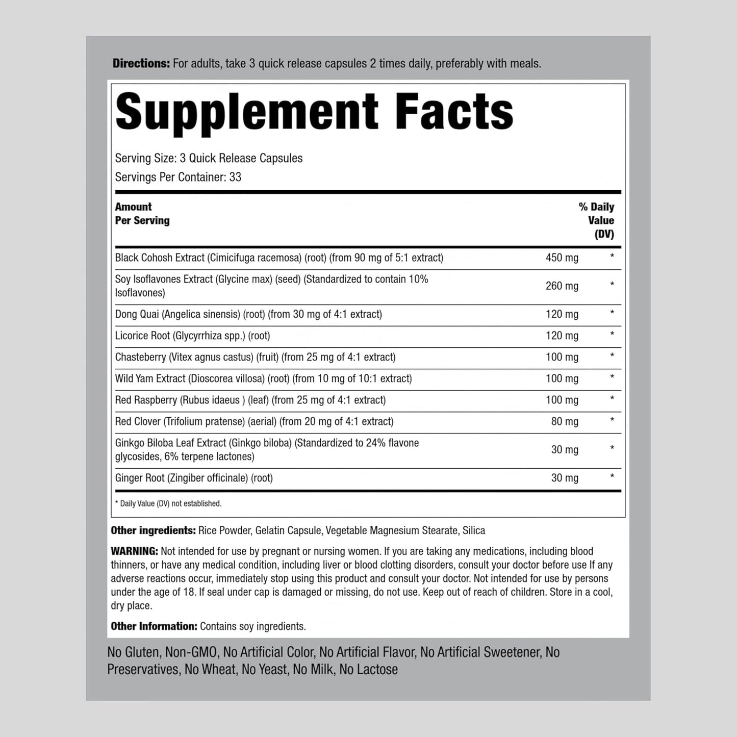 Menopause Relief Supplement for Women | 100 Capsules | Advanced Complex with Black Cohosh, Red Clover, Chasteberry | Non-GMO, Gluten Free