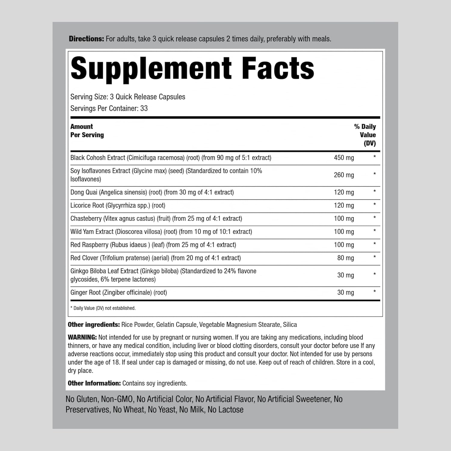 Menopause Relief Supplement for Women | 100 Capsules | Advanced Complex with Black Cohosh, Red Clover, Chasteberry | Non-GMO, Gluten Free