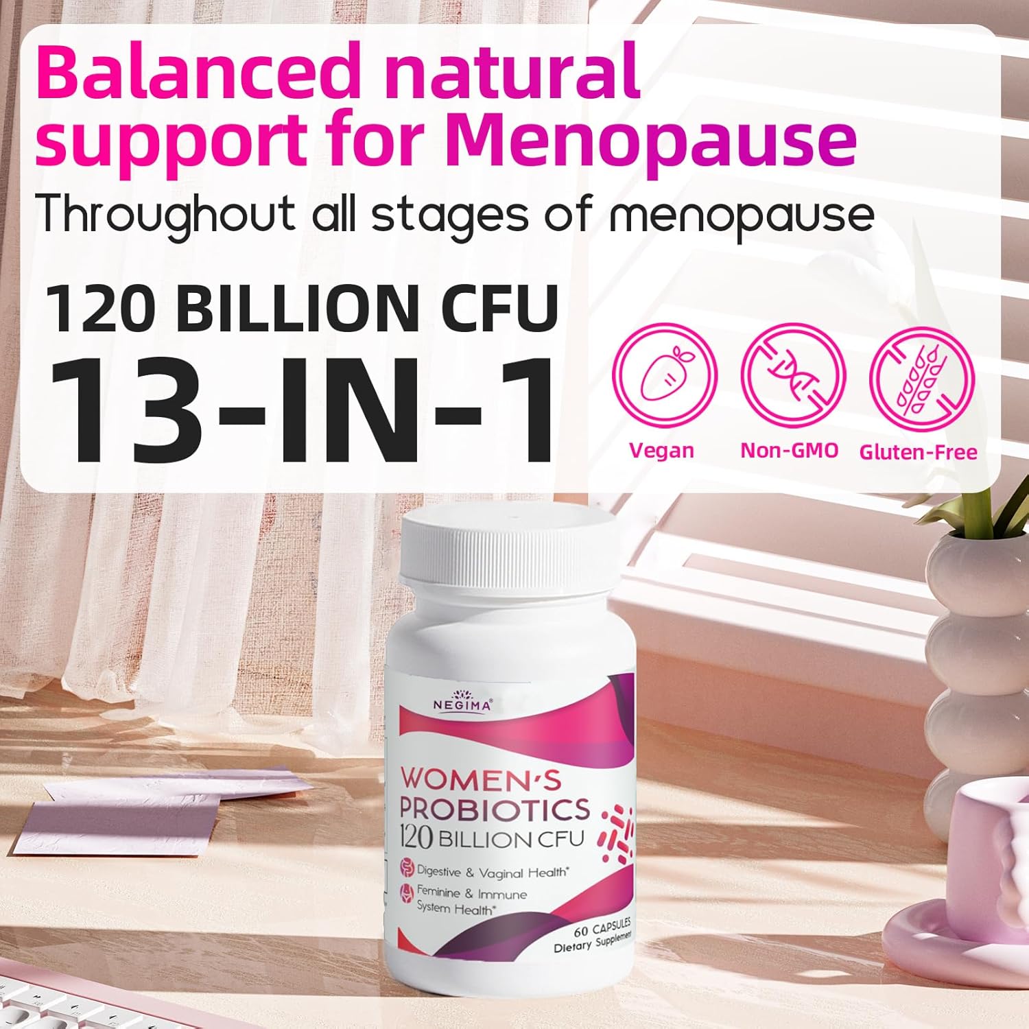 Menopause Relief Supplement with 120 Billion CFUs Probiotics & 13-in-1 Herbs Complex - 60 Capsules