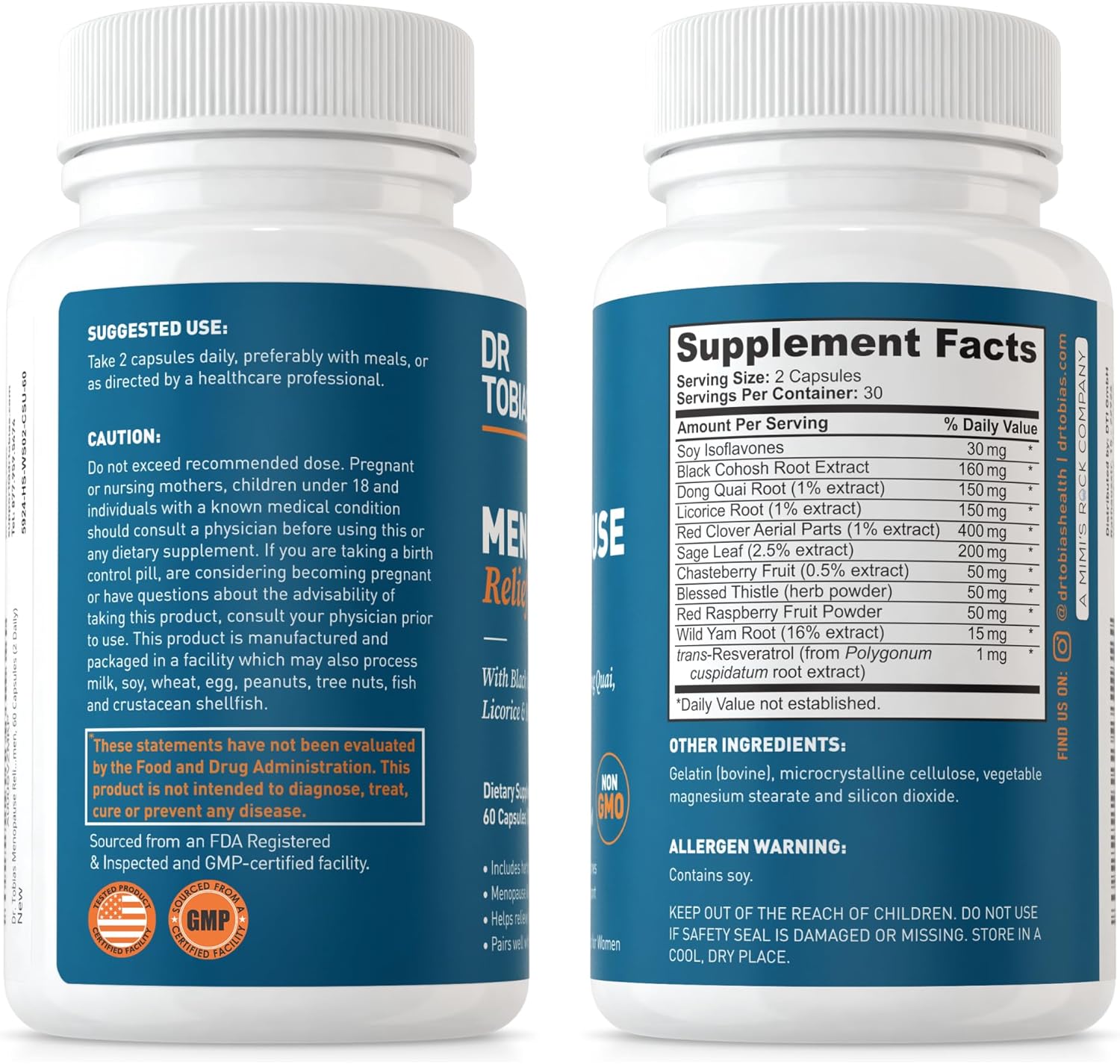 Menopause Relief Supplement with Black Cohosh, Soy Isoflavones, Don Quai - Hot Flash & Night Sweats Relief - Non-GMO Women's Menopause Supplements, 60 Capsules