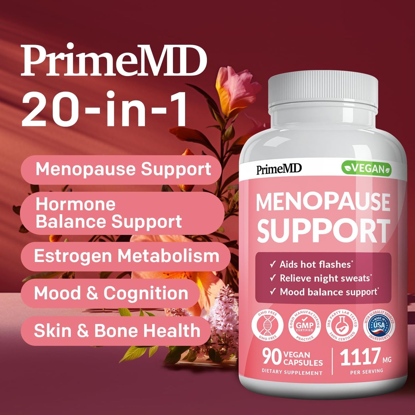 Menopause Relief Supplements with DIM and Estrogen - 20-in-1 Blend for Hot Flashes with Black Cohosh, Evening Primrose, and Chasteberry - 90 Capsules
