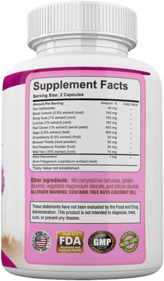 Menopause Relief Support Supplement for Women - Hot Flashes, Night Sweats, Hormonal Balance - Estrogen, Wild Yam, Black Cohosh, Red Clover - Chasteberry Pills