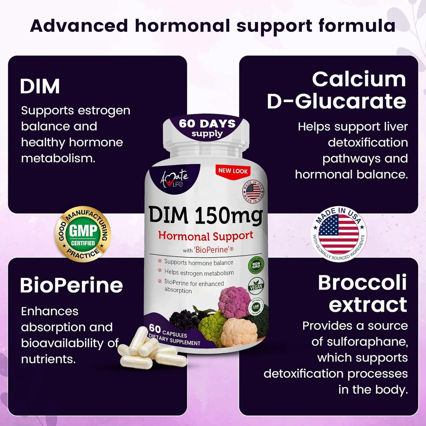 Menopause Relief: Women’s DIM Complex 150mg with Bioperine - Estrogen Balance & Hormonal Acne Support - 60 Capsules - USA Made