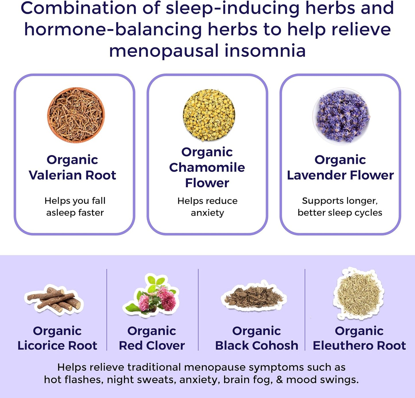 Menopause Sleep Tea with Valerian Root, Lavender & Chamomile - Herbal Supplement for Hot Flashes, Night Sweats - 30 Teabags